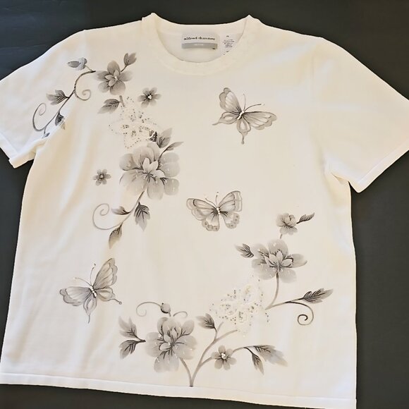 Alfred Dunner FLORAL with butterflies beaded knit Blouse short sleeves P-Large - Picture 1 of 8